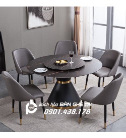 Bộ bàn ăn 2 mặt đá mâm xoay ghế da Lisa