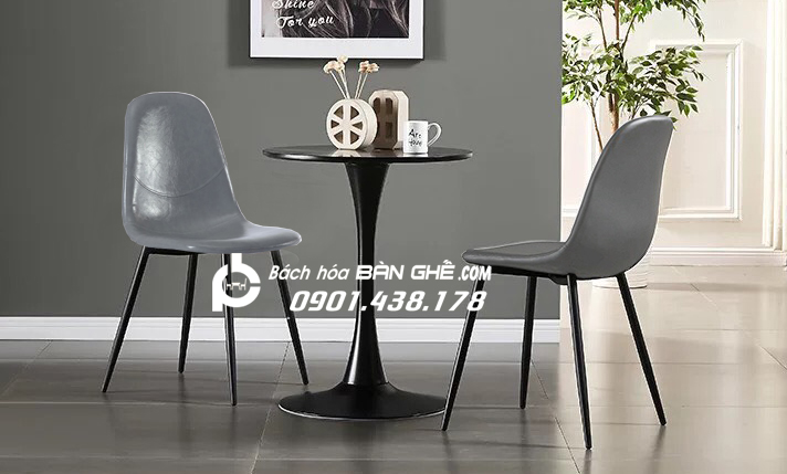 Set bàn tròn tulip màu đen ghế da màu xám thanh lịch tiếp khách văn phòng, cửa hàng tại HCM