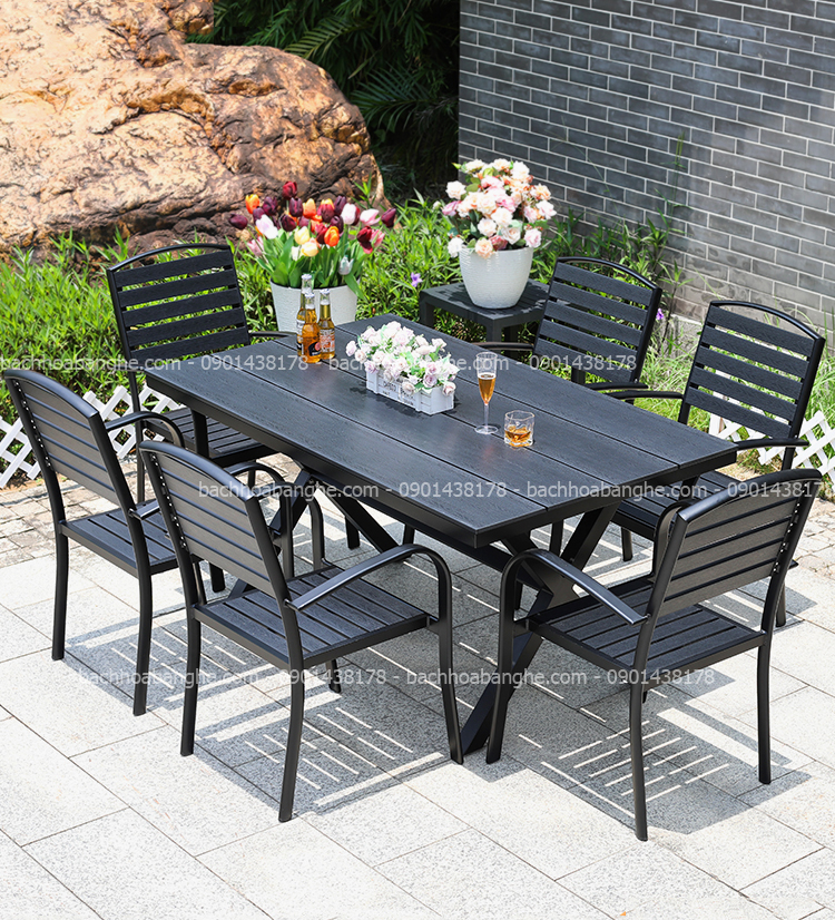 Bàn ăn bàn cafe chân X nhôm đúc gỗ nhựa polywood BSV28